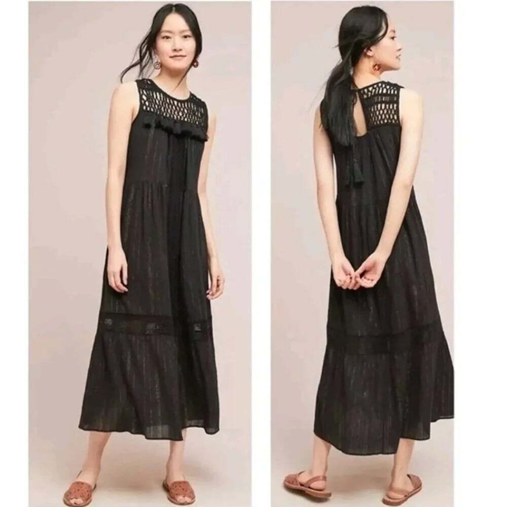 Maeve Anthropologie Abilene Maxi Dress Size XS Black Crochet Tiered Boho